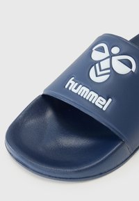 Sandaalit, joissa on navy blue -värinen liukuva malli, joka sisältää sileän, teksturoidun hihnan, jossa on valkoinen logo ja brändäys. Paksu pohja mukavuutta varten, minimalistinen muotoilu.