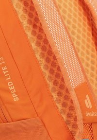 Deuter Speed Lite 13 backpack in bright orange, featuring hexagonal mesh panels, smooth material, and logo detail for branding.