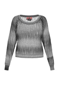 Pulover tricotat gri și argintiu, cu mâneci lungi, un decolteu larg și un model texturat care creează un efect de gradient.