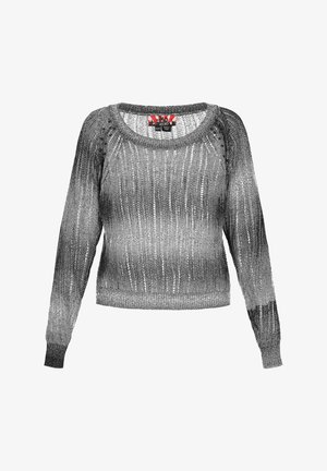 Maglione grigio e argento lavorato a maglia con maniche lunghe, un ampio scollo e un motivo testurizzato che crea un effetto sfumatura.