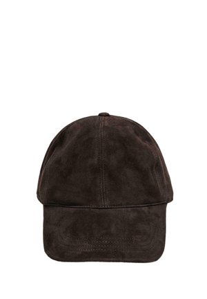 Brown suede cap with a rounded crown and a curved brim. Features stitched detailing along the brim and overall smooth texture.