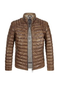Braune Lederjacke mit einem gesteppten Design, hohem Kragen, Reißverschluss vorne und zwei Seitentaschen. Das gefütterte Innere weist ein dezentes Muster auf.