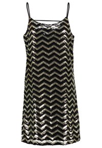 Czarna sukienka bez rękawów z cienkimi ramiączkami, ozdobiona złotym i czarnym wzorem w zygzaki z cekinami.