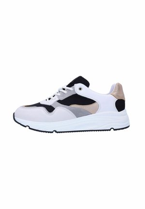 Sneakers with a white leather body, black mesh accents, gray and beige overlays, and a textured heel, featuring a white rubber sole.