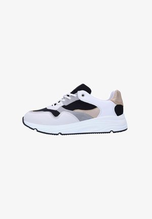 Sneakers with a white leather body, black mesh accents, gray and beige overlays, and a textured heel, featuring a white rubber sole.