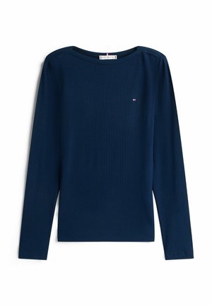 Camisa de manga larga azul marino con textura acanalada, presenta un escote amplio y un pequeño logotipo en el pecho. Diseño sencillo y entallado.