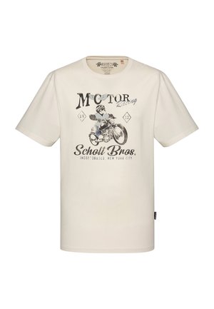 Off-weißes T-Shirt mit Vintage-Motorradrenn-Grafik, die einen Fahrer auf einem Motorrad, den Text "Motor Racing" und das Schott Bros.-Logo zeigt.