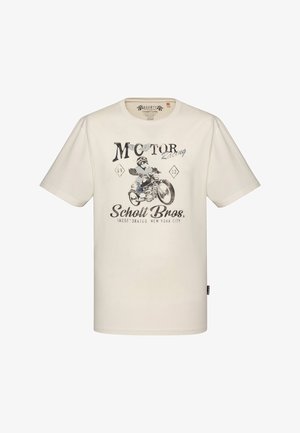 Ecru T-shirt z grafiką vintage wyścigów motocyklowych przedstawiającą jeźdźca na motocyklu, napis "Motor Racing" i logo Schott Bros.