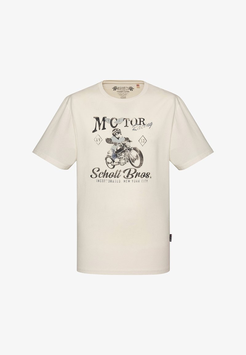 T-shirt blanc cassé avec un graphisme vintage de course de moto représentant un pilote sur une moto, texte "Motor Racing" et logo Schott Bros.