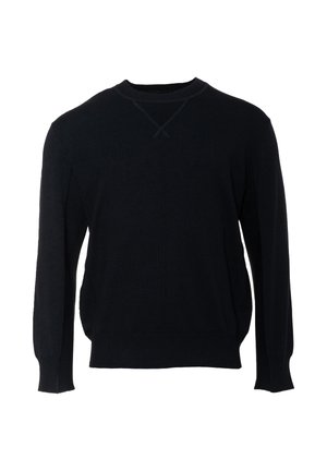 Mustmust sweater, mille ümmargune kael, pikad varrukad ja peened õmblusdetailid. Pehme tekstuur, lõdva mõõtmetega ja nähtava riistvara puudumisega.