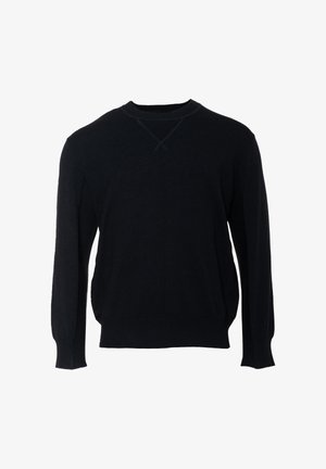 Mustmust sweater, mille ümmargune kael, pikad varrukad ja peened õmblusdetailid. Pehme tekstuur, lõdva mõõtmetega ja nähtava riistvara puudumisega.