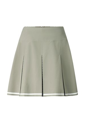 Light gray pleated skirt with white trim near hem and front zipper closure, shown on white background.