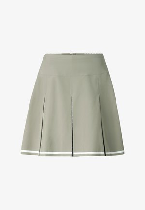 Light gray pleated skirt with white trim near hem and front zipper closure, shown on white background.