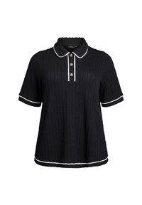 Czarna koszulka polo z krótkim rękawem o fakturowanym wzorze dzianiny, z białym wykończeniem na kołnierzyku i rękawach oraz trzema ozdobnymi guzikami przy dekolcie.
