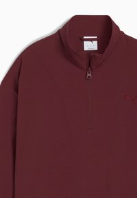 Mørkebrun quarter-zip pullover med høj krave og Puma-logo broderet på højre bryst, størrelse tag synlig indeni kraven.