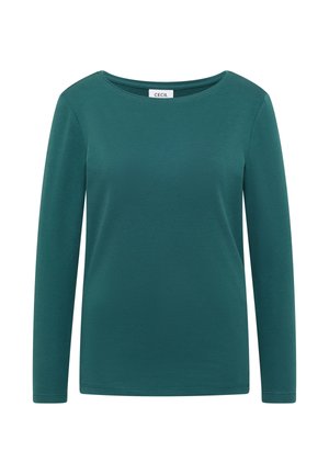 Chemise à manches longues teal en tissu doux, avec un col rond et un design simple et près du corps, sans motifs ni accents visibles.