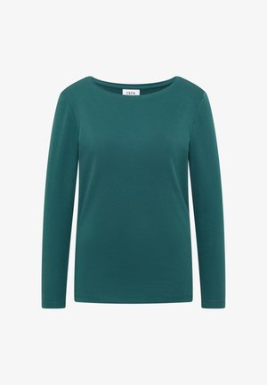 Chemise à manches longues teal en tissu doux, avec un col rond et un design simple et près du corps, sans motifs ni accents visibles.