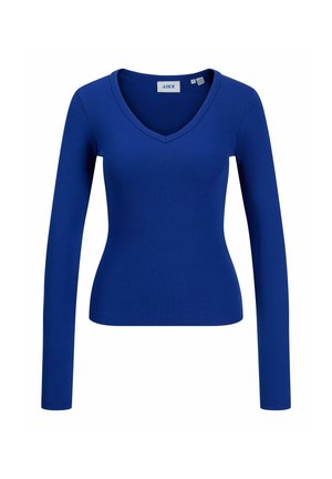 Pull bleu côtelé à manches longues avec une taille ajustée et un col en V, présenté sur fond blanc.