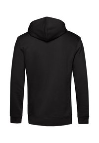 Sudadera negra con capucha de textura suave, que presenta una costura centralizada en la parte posterior y puños acanalados en el dobladillo y las mangas.