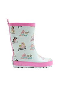 Botas de lluvia impermeables de color azul claro con detalles en rosa, que presentan un patrón de diversas ilustraciones y nombres de princesas, material de goma texturizada.