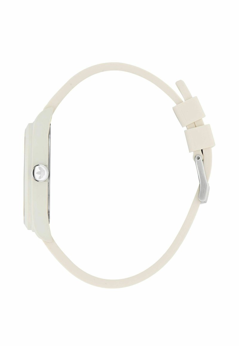 Witte siliconen horloge met een rechthoekige wijzerplaat, zilveren accenten en een glad bandje. Heeft een eenvoudige gesp en een strak ontwerp zonder patronen.