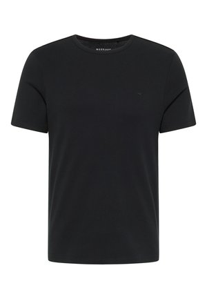 Juodas medvilnės marškinėlis su apvaliu kaklu, trumpomis rankovėmis ir minimaliu ženklinimu ant krūtinės. Lygus audinys ir standartinis kirpimas.