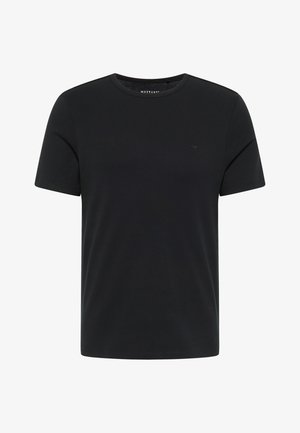 Čierne bavlnené tričko s okrúhlym výstrihom, krátkymi rukávmi a minimálnym brandingom na hrudi. Hladká textúra a bežný strih.