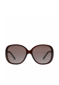 Occhiali da sole in acetate marrone con grandi lenti quadrate e gradiente di colore. Bracci sottili con finitura lucida. Nessuna hardware o accentuazione visibili.