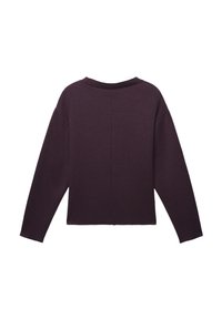 Dunkellila Pullover mit langen Ärmeln, runder Ausschnitt und geradem Schnitt. Der Stoff scheint weich mit einer glatten Textur zu sein.