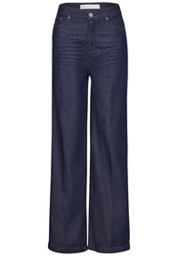 Laivansiniset eväjakoviset farkut, joissa on sileä pinta, etutaskut, nappisulku ja hienovarainen ommeltu kuvio.