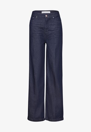 Jeans en denim bleu foncé à jambes larges avec une texture lisse, dotés de poches avant, d'une fermeture à bouton et d'un motif brodé discret.