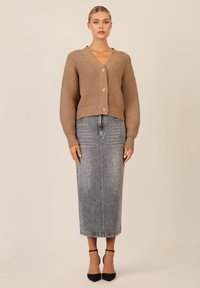 Cardigan marrone a maglia con scollo a V e tre bottoni, abbinato a una gonna midi in denim grigia con rivetti argentati. Tacchi a punta neri.