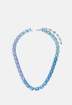 Emerald-cut blue and turquoise stones arranged in graduated sizes on a silver chain, with additional small beads accenting the design.