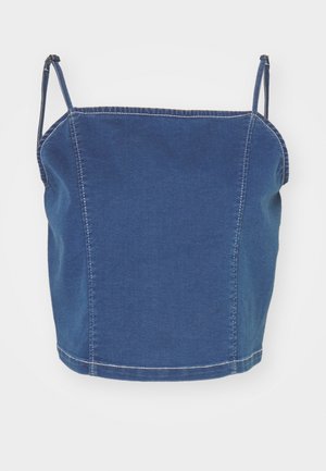 Blue denim cropped top with thin shoulder straps, featuring a fitted design and exposed stitching details along the seams.