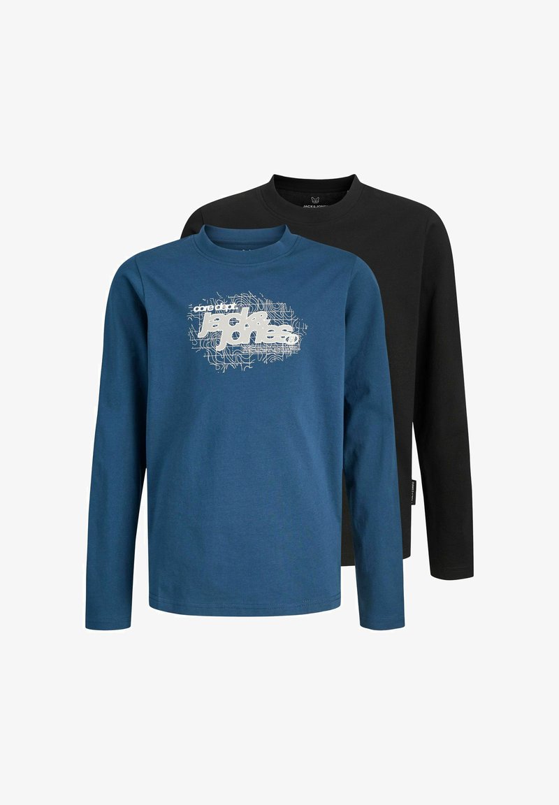 Dva majice dugih rukava: jedna plava od pamuka s bijelim grafičkim dizajnom, a druga crna od pamuka, obje s okruglim izrezom.