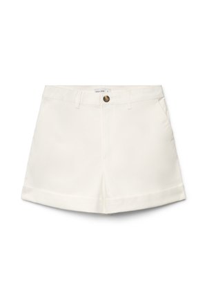 Shorts blancs cintrés avec passants de ceinture, fermeture avant par boutons et ourlets retroussés, taille petite par Calliope.