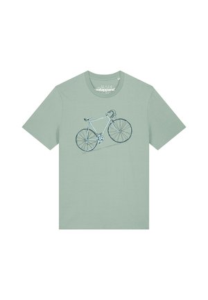 Lichtgroen T-shirt met korte mouwen en een gedetailleerde zwarte schets van een wegfiets op het midden voor.