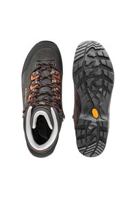 Wanderschuhe mit schwarzem Leder-Obermaterial, orangefarbenen Akzenten und robuster Gummisohle mit tiefem Profil für besseren Halt. Mit Schnürdesign.