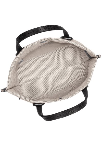 Canvas-Umhängetasche mit einem strukturierten schwarzen Ledergriff, beigem Innenfutter mit dezentem Rautenmuster, offenes Top-Design für einfachen Zugriff.