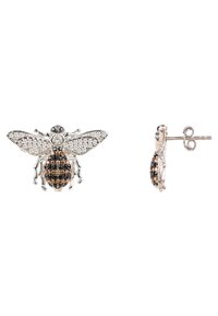 Spilla a forma di ape in metallo color argento. Presenta cristalli neri e dorati per il corpo e le ali, con strass trasparenti sulle ali e sulla testa.