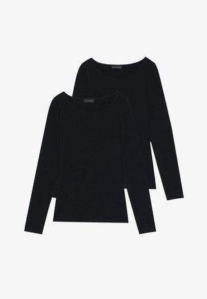 Deux tops noirs à manches longues en tissu côtelé doux avec de larges encolures rondes, présentant un design simple et une texture lisse.