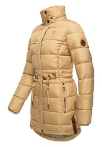 Beige puffer jacket with a high collar, toggle drawstrings, zippered pockets, and brown leather accents on the sleeves and waist.