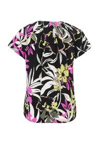 Blouse à manches courtes avec un col froncé, présentant un fond noir et des motifs floraux en rose, vert, gris et blanc.
