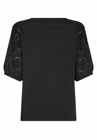 Czarny t-shirt z krótkim rękawem wykonany z przezroczystej haftowanej tkaniny z okrągłymi wzorami na rękawach, prosty design z okrągłym dekoltem.