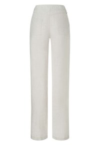 Pantaloni beige a gamba dritta con due tasche posteriori, vita alta e passanti per cintura, mostrati su uno sfondo bianco.