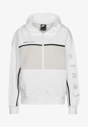 Felpa con cappuccio bianca con zip, pannello grigio, striscia nera e logo Nike. Tessuto morbido, cappuccio regolabile e polsini a costine. Design minimalista.