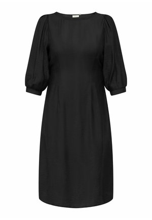 Sort kjole lavet af tekstureret stof, med rund udskæring og opdelt korte ærmer, samt en let svajet A-linje silhuet.