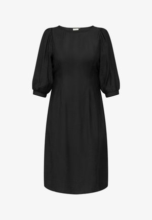 Sort kjole lavet af tekstureret stof, med rund udskæring og opdelt korte ærmer, samt en let svajet A-linje silhuet.