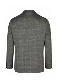 Grau kariertes Blazer mit einem dezenten Muster, einreihiger Schnitt, Reverskragen und zwei Knöpfen an jedem Ärmel. Glatte Textur.