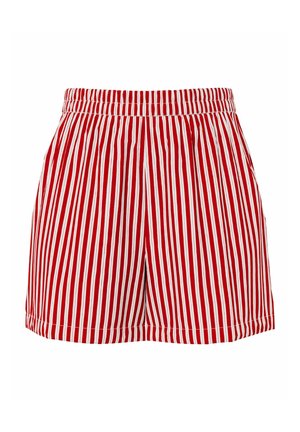 Shorts à rayures verticales rouges et blanches avec une taille élastique et un ourlet droit.